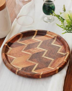 -Chevron Pattern Wooden Round Tray